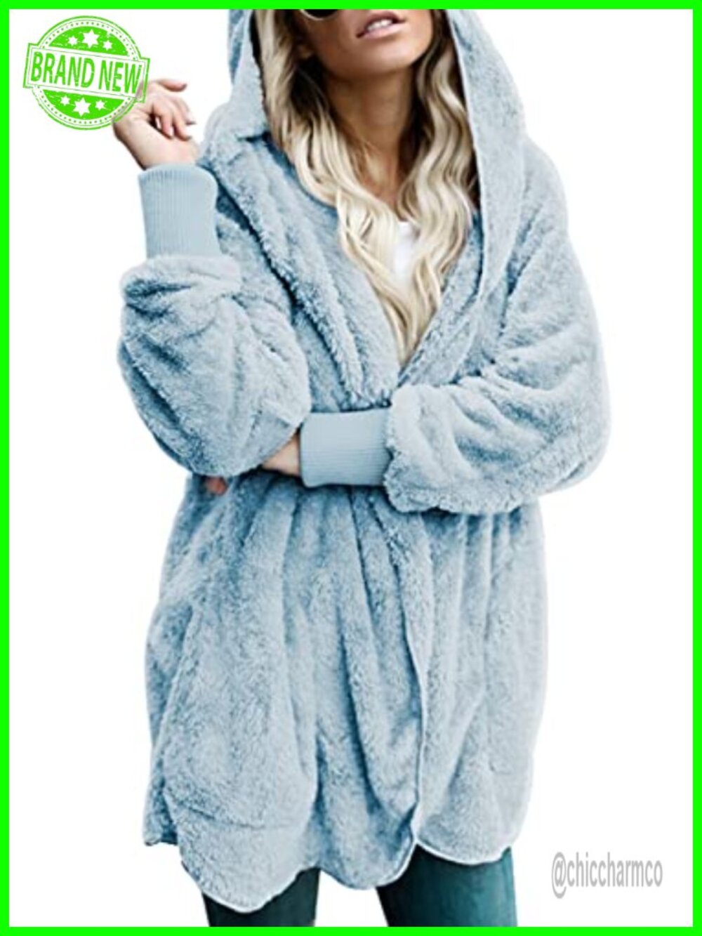 Fuzzy Fleece Open Front Hooded Cardigan Coat with Pockets